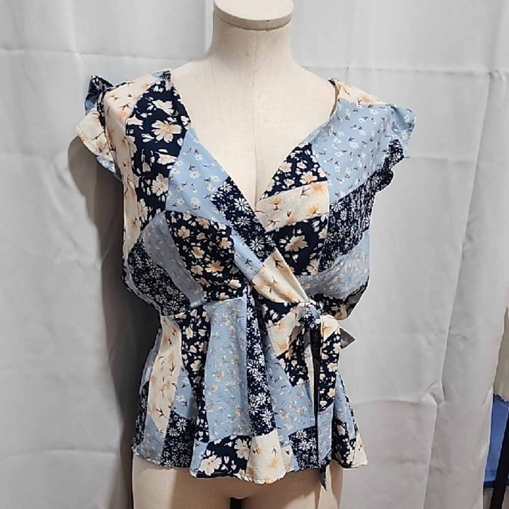 Monteau Navy and Light Blue Floral Blouse
